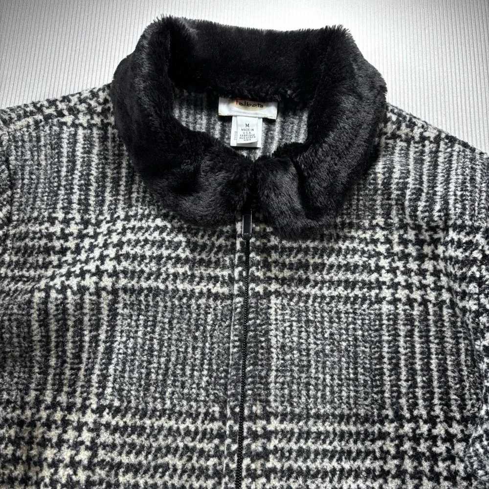 VTG Talbots Houndstooth Full‎ Zip Jacket W/ Faux Fur Collar M Black/ White